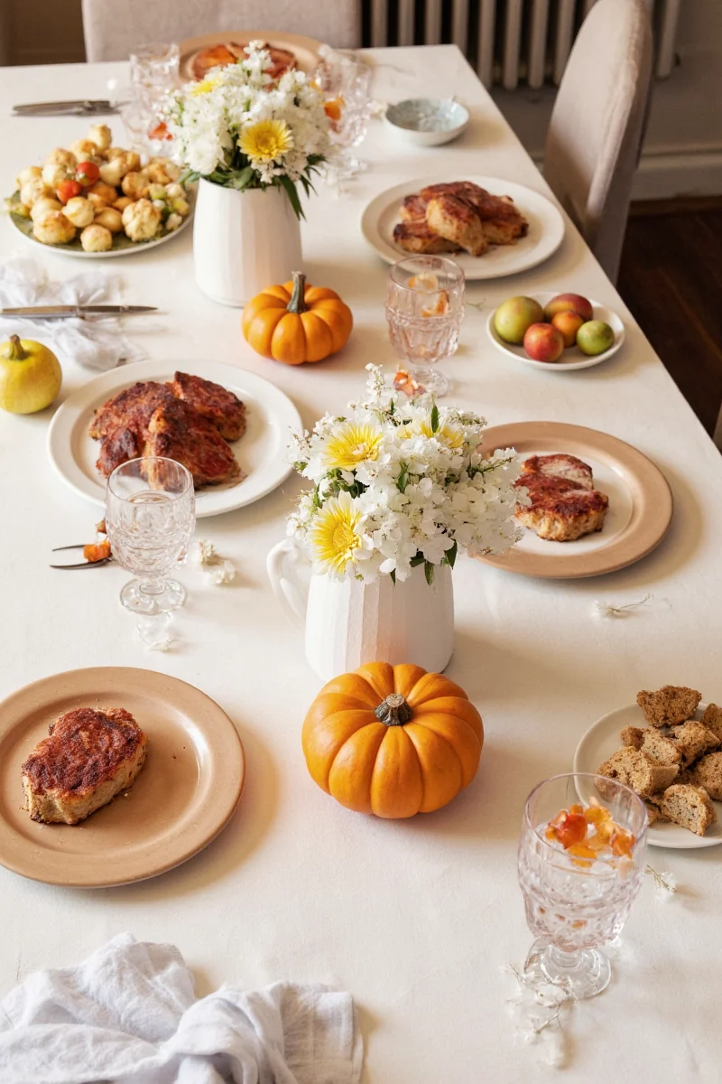 Modern minimalist Thanksgiving table with white dishes and metallic accents