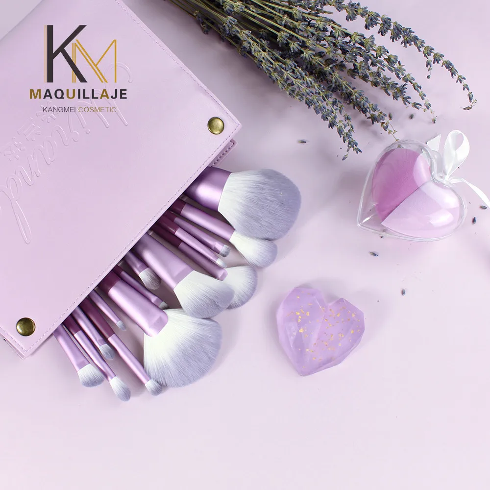 

High quality custom logo professional purple 14-piece makeup brush with wooden handle