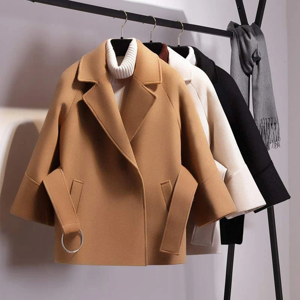 

2021 Autumn Winter Fashion Solid Color Wool Short Women Coats With Belt, 3 colors