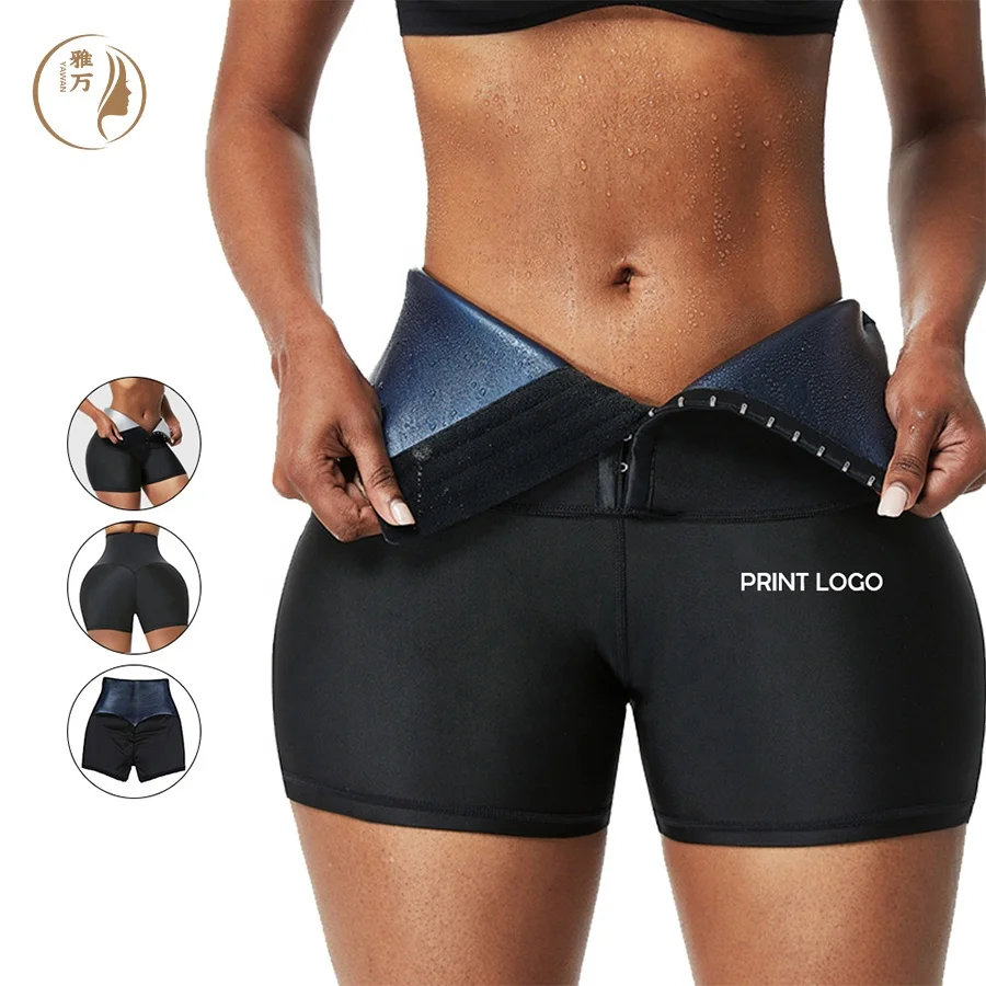 

custom logo high waist slimming fitness neoprene waist trainer shapers hooks sport yoga Pant Women Shapewear sweat shorts, Black