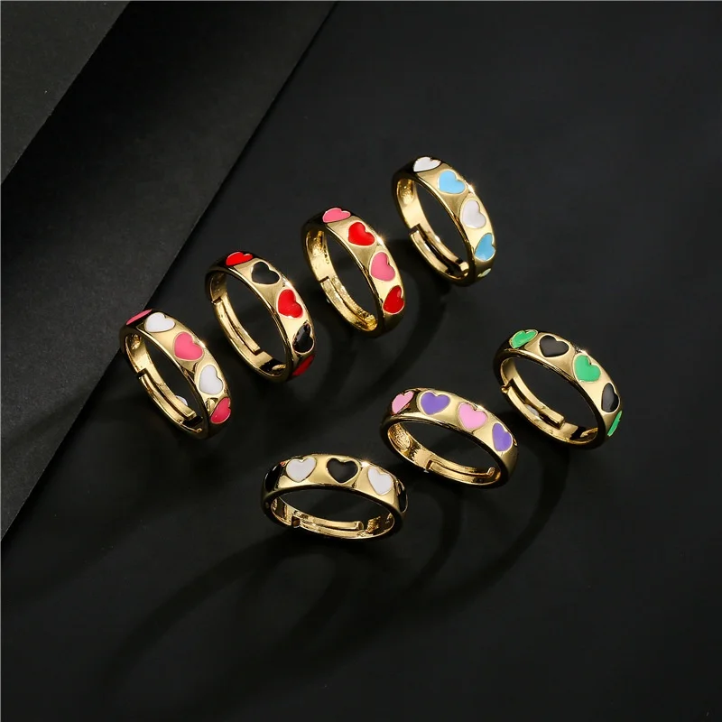 

Fashion Jewelry Simple Y2k Red Green Heart Enamel Adjustable Drip Oil Gold Plated Brass Open Rings For Women