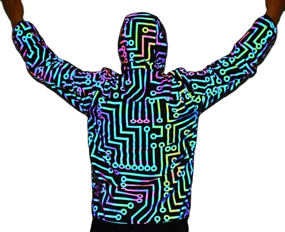 

Autumn Cool Circuit Geometric Jacket Pattern Print Colorful Reflective Jacket Hip-hop Mechanical hi vis Hooded Jackets