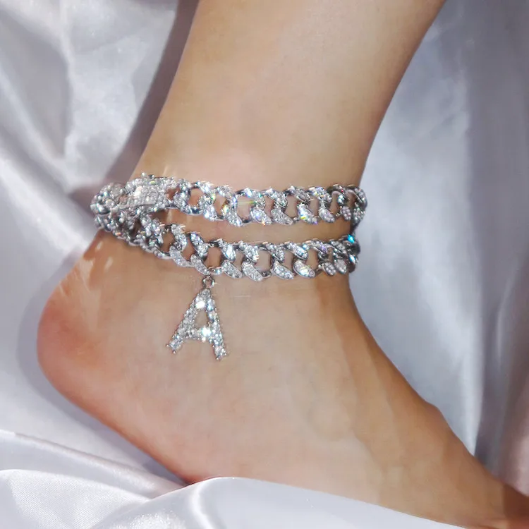 

2020 New Small Ltter Cuban Link Anklet 8mm Iced Out Cuban Anklets Women Hip Hop Rapper Bling Foot Jewelry, As picture
