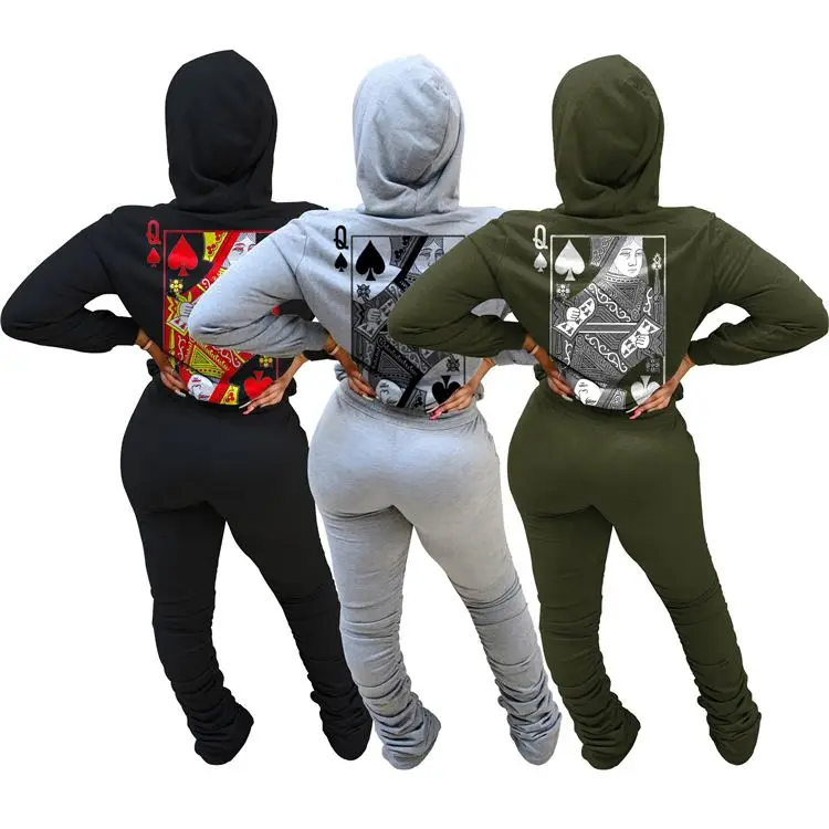 

D95957 Wholesale Fashion Womens Winter Clothing 2020 Women Printing Two Piece Set Hoodie 2 Piece Stack Pants Sets