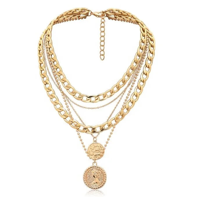 

Punk Vintage Layered Portrait Coin Pendant Chunky Thick Cuban Link Chains Choker Necklaces For Women Jewelry, Gold,silver