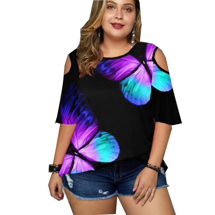 

ladies summer casual fashion plus size short-sleeved color striped sling round neck plus size T-shirt