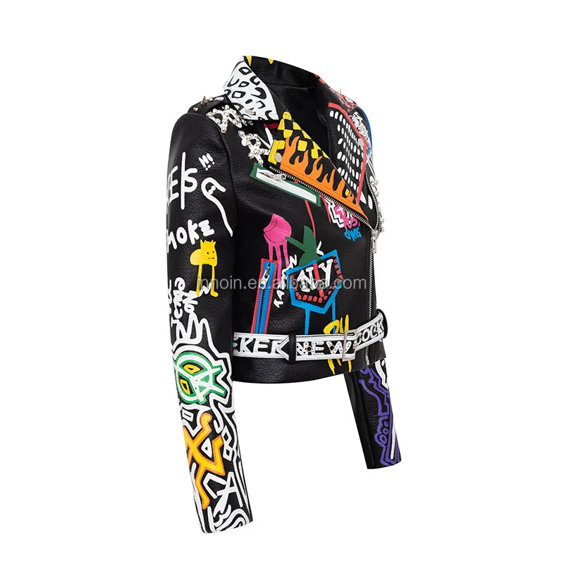 

Rivet beading Pu Leather Jacket Women Graffiti Colorful Print Biker Jackets and Coats PUNK Streetwear jacket