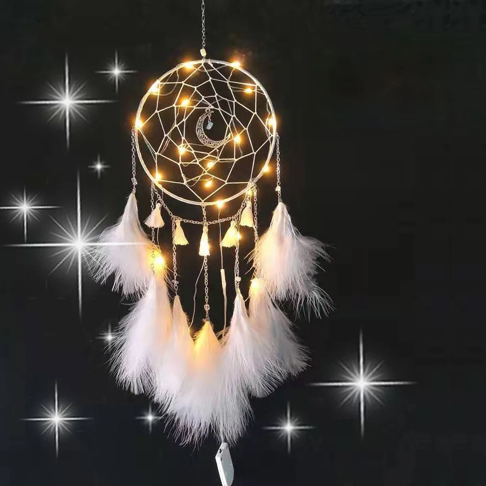 

New creative white moonlight feather dream catcher pendant fashion simple handmade diy wind chimes luminous home wall hanging