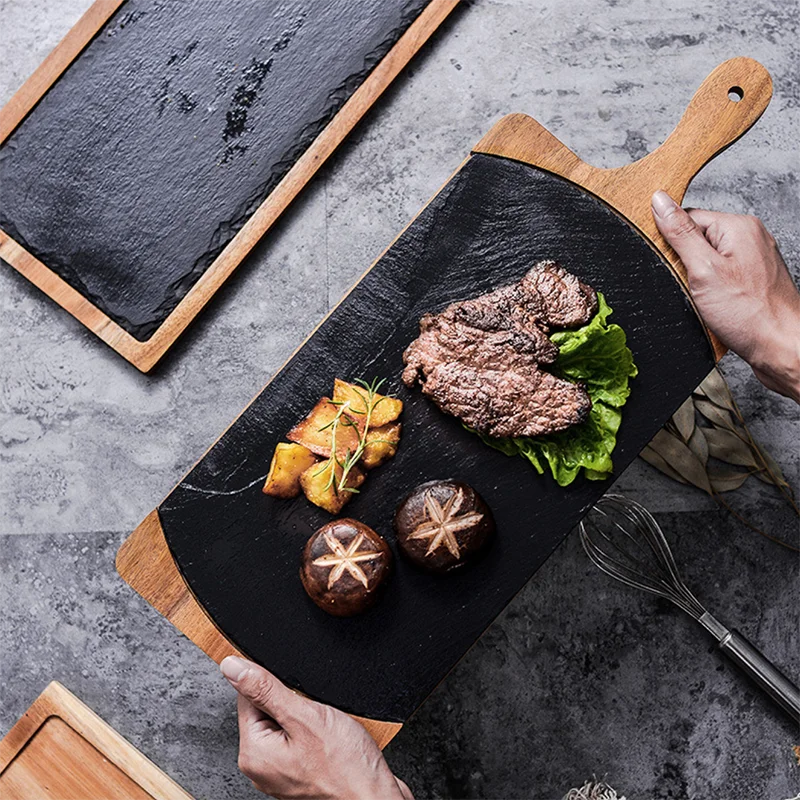 

Solid wood snack plate wooden tray black slate plate acacia wood clad tray Western food Japanese cuisine plate