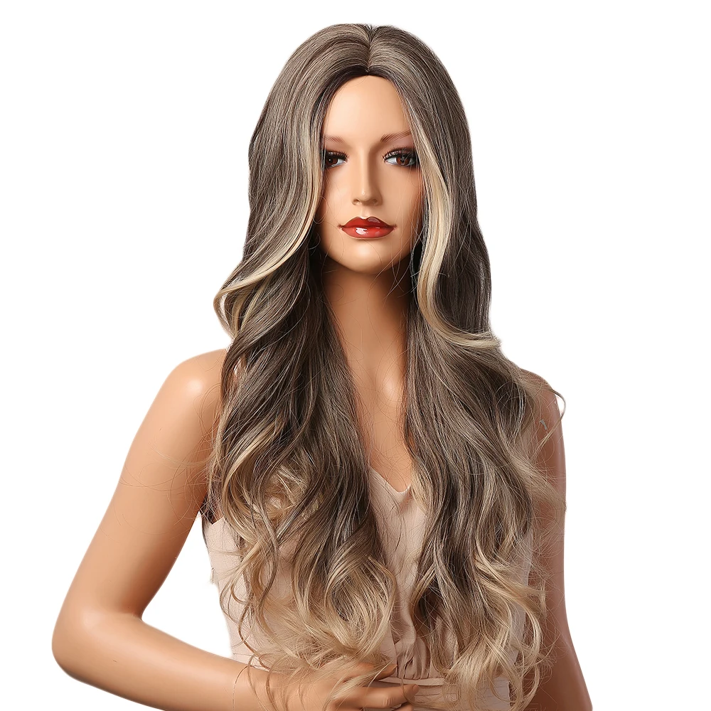 

Long Wavy Ombre Brown to Blonde Wig for Women Middle Part Synthetic Wig Natural Daily Dark Roots Heat Resistant Fiber Wig
