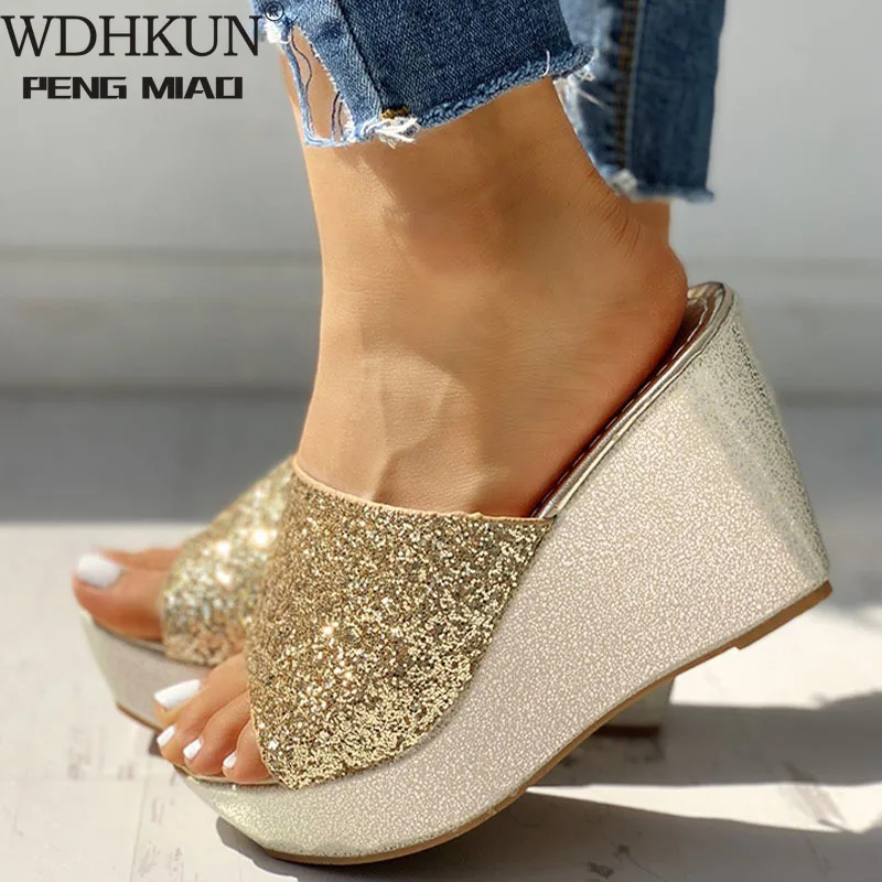 

Women Bling High Heel Pumps Ladies Mules Wedding Shoes Wedges Slides Party Sandals Platform Slipper Peep Toe Zapatos De Mujer