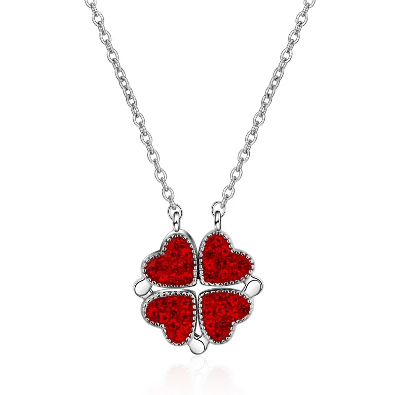 

S925 silver heart clover can be shaped necklace red and blue double face heart folding clavicle chain