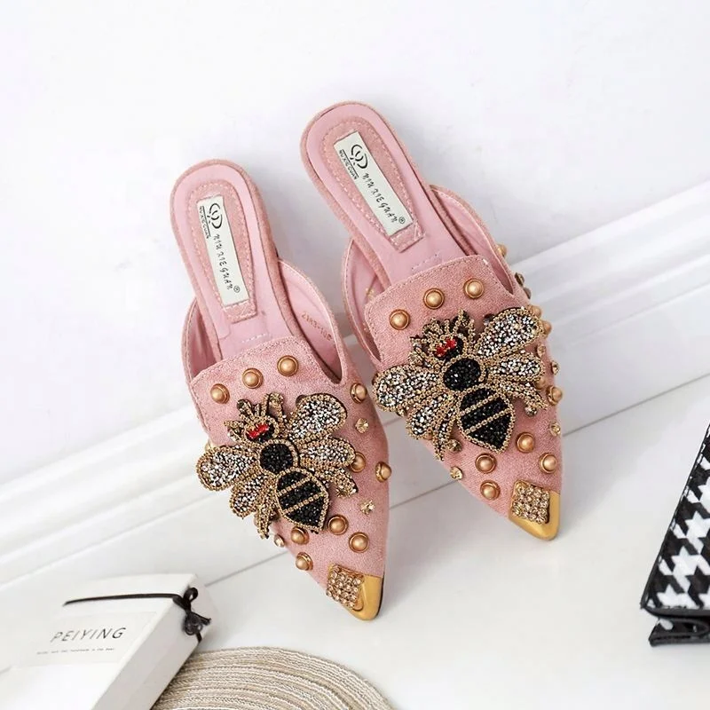 

Women Pointy Toe Mules Backless Flats Tiny Diamond Bees Metat Rivets Studded Slippers Shoes Sexy Dress Loafers, Black pink