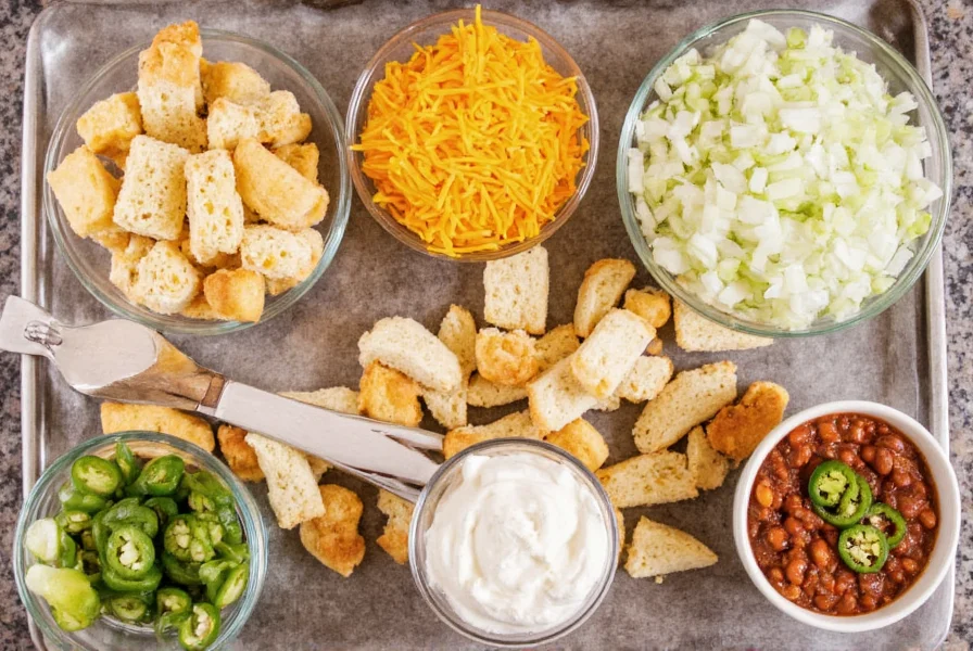 Colorful game day chili toppings bar with bowls of shredded cheese, diced onions, sour cream, jalapeños, and cornbread