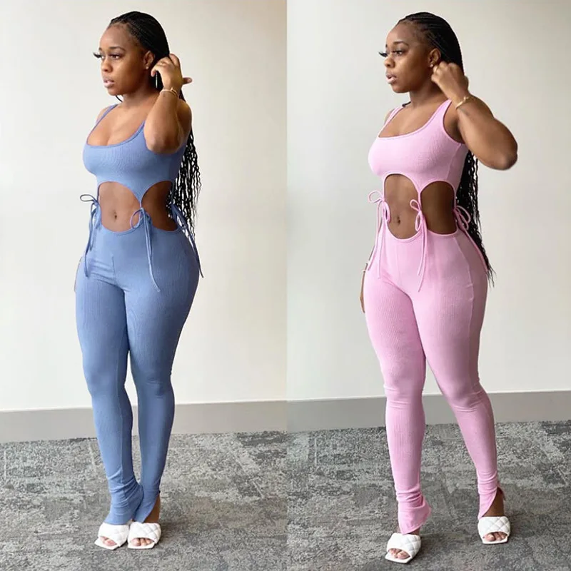 

Stock 2021 fashion women outfit sleeveless elastic hight skinny summer matching sets womens clothing two piece