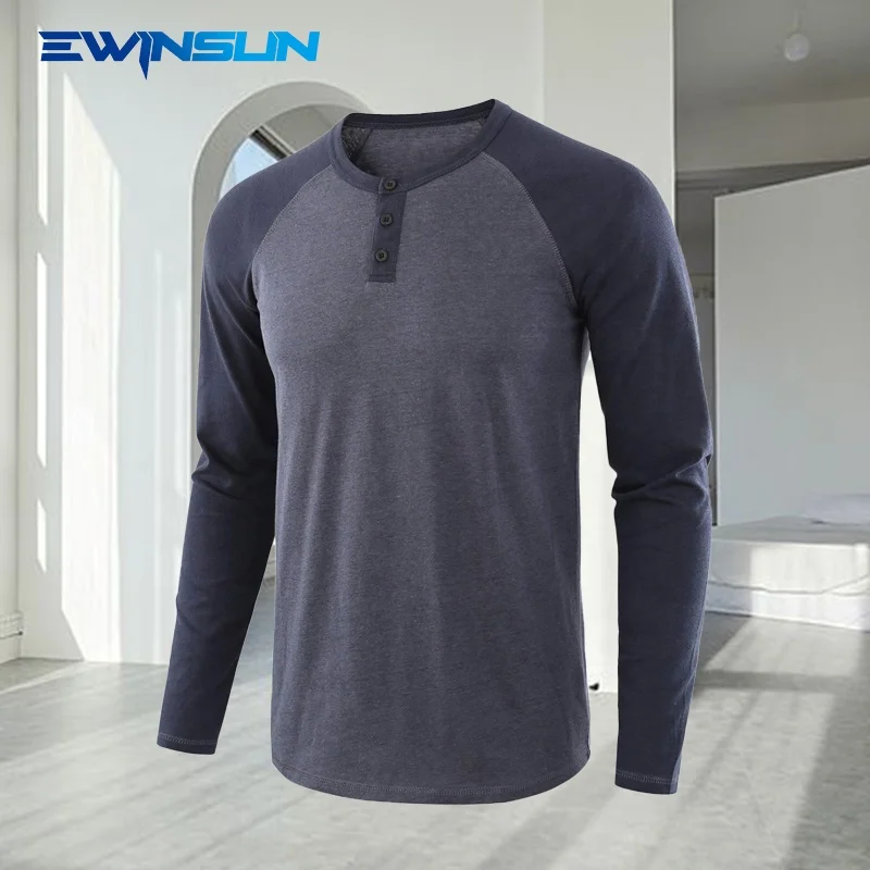 

Men's Long Sleeve Crew Neck Henley Base Shirt Cotton Spring Autumn Casual Men Collarless colorblock Slim T-shirt