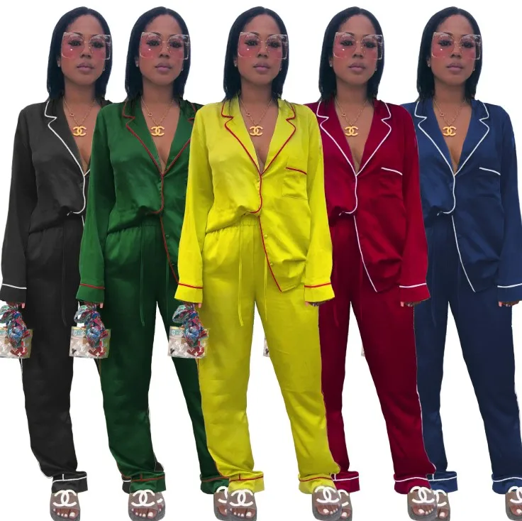 

Women Long Sleeve 2 Piece Satin PJ Set Womens Lounge Wear Two Piece Winter Pajamas