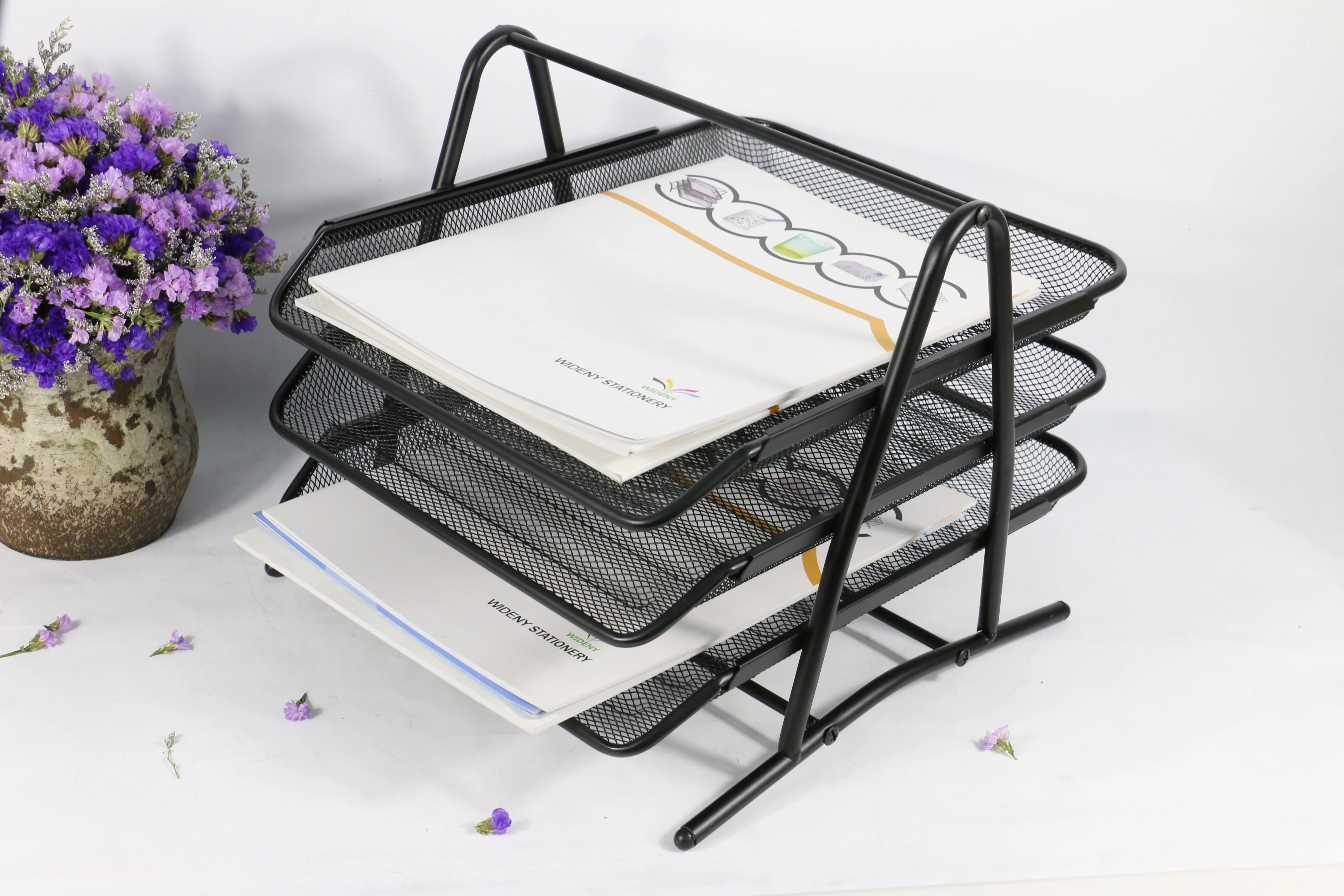 Office 3 Tier Black Metal Mesh Stackable Desktop Document Letter Tray