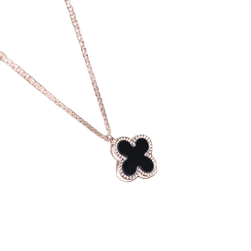 

wholesale hypoallergenic classic design rose gold plated black white double sided Four-leaf clover pendant dainty necklace, Platinum/rose gold color