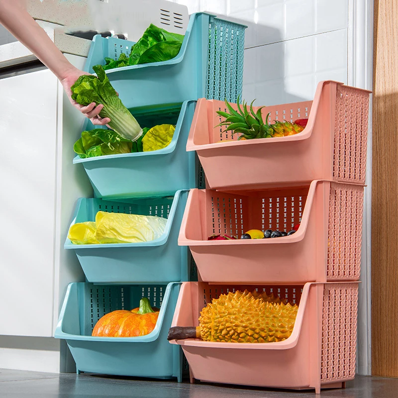 

4-tier kitchen toys storage rack multi-layer stackable plastic kitchen vegetable fruit storage basket box, Pink, white, blue,mint