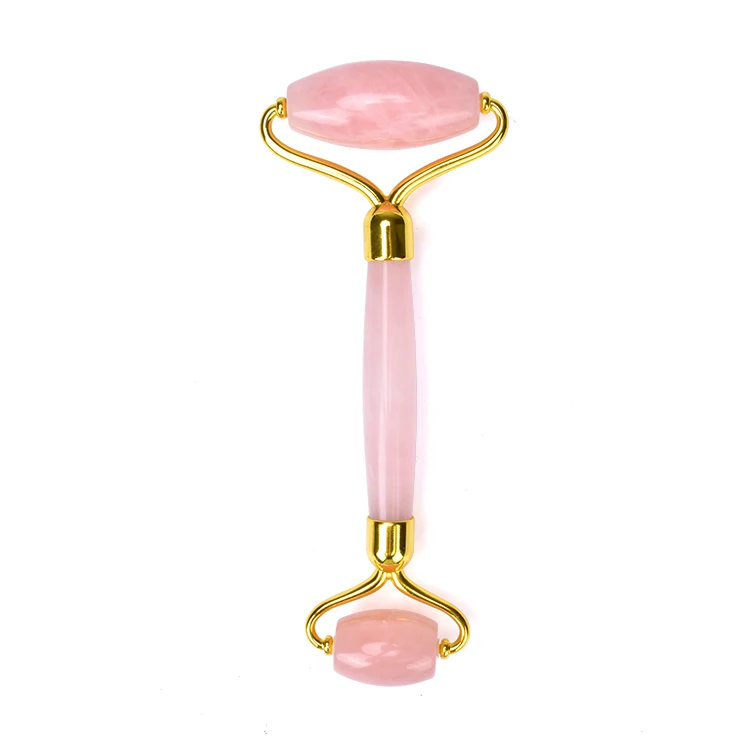 

Amazon hot sale high quality copper brass handle rose quartz face massager roller with arc shape frame, Pink