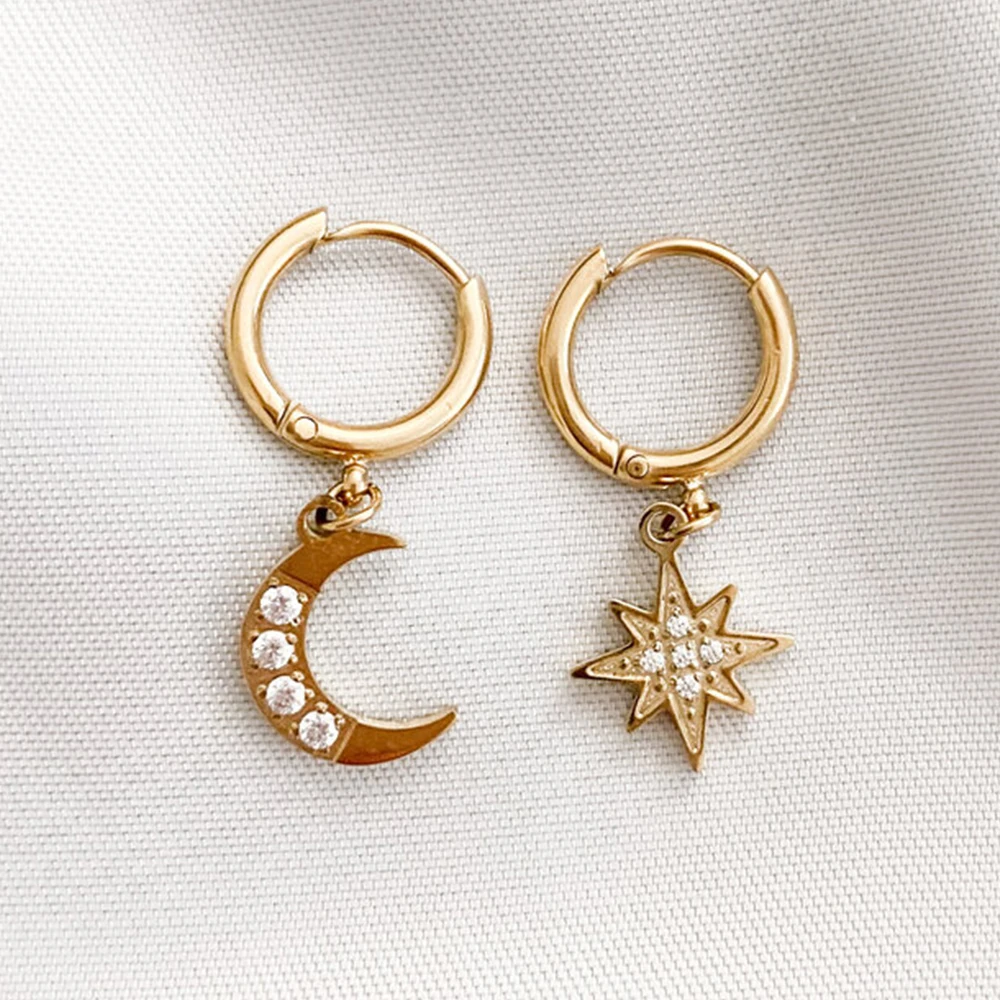 

eManco New arrival korea fashion dainty jewelry gold stainless steel moon and star pendant earrings irregular women 2022