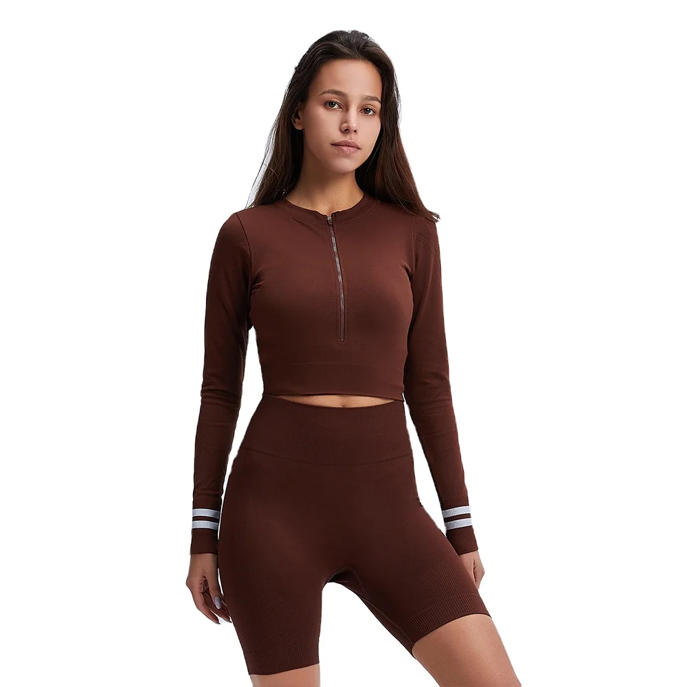 

2021 Hot Sale Explosion Sports Suit Gym Fitness Long Sleeve Shirt Short Seamless Yoga Set, As picture shows or custom