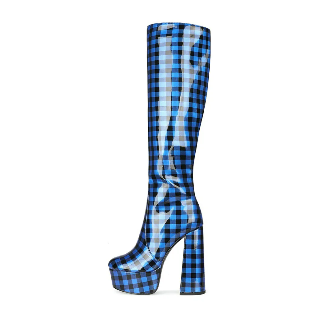 

2021 New patent leather round toe women winter boots platform heels knee high boots for women, Blue