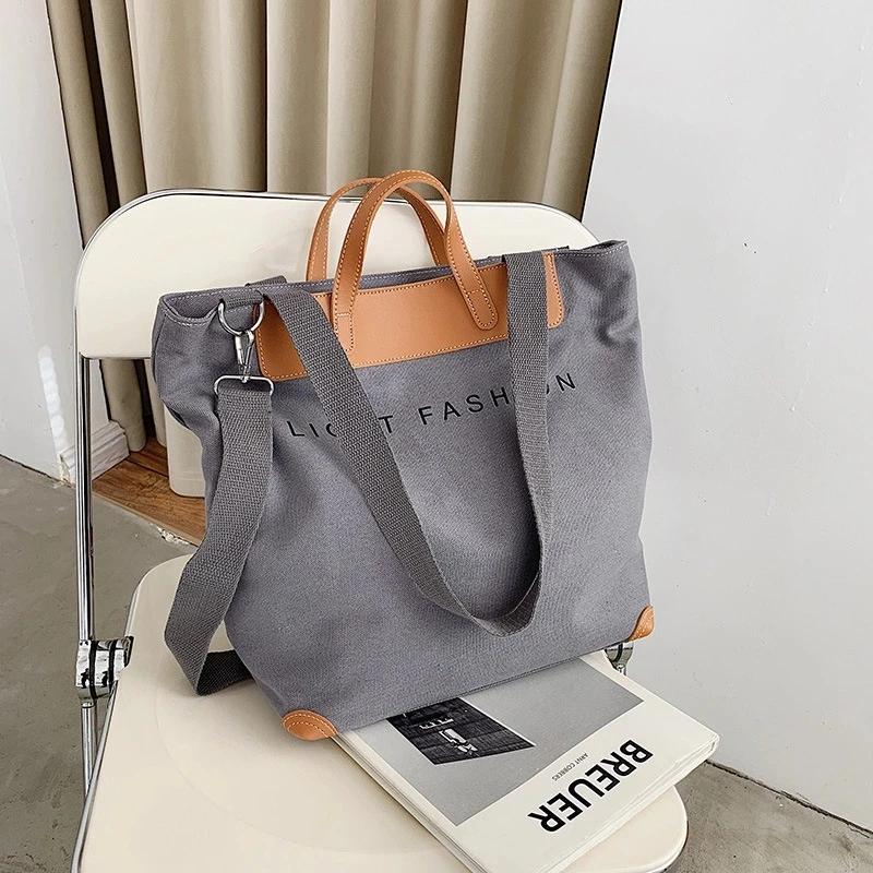 

2021 Custom Wholesale Europe Ladies Fashion Canvas Leather Handle Tote Handbags Women Hand Tote Bags