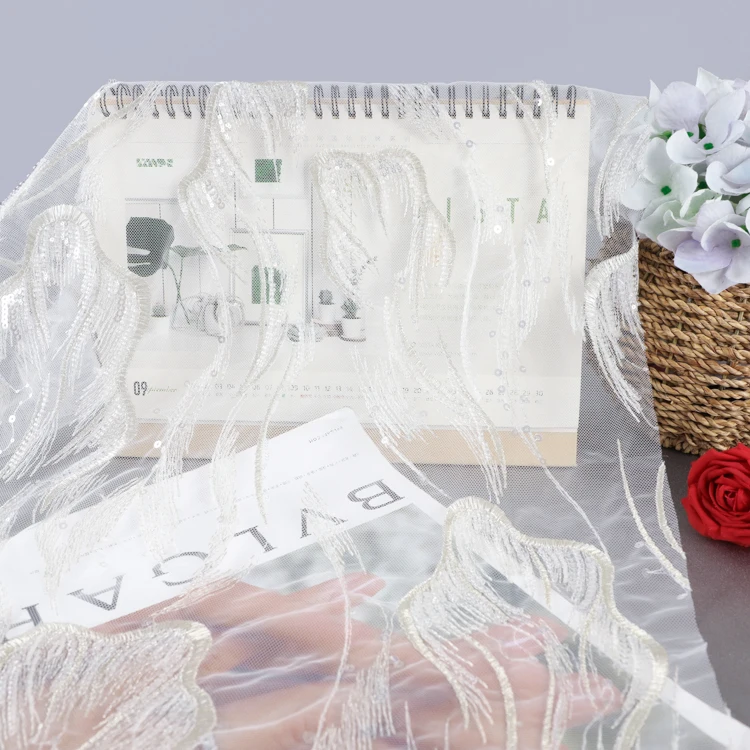 

GY4085 High Quality White Wedding Lace Net Sequin And Beaded Lace Fabric Embroidered Wholesale Price