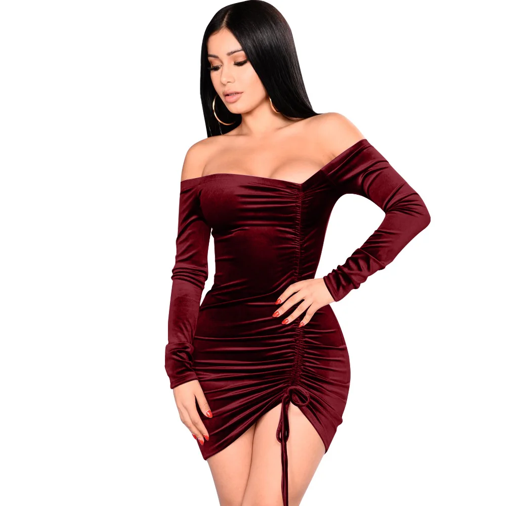 

Women Autumn Bandage Dress 2020 Sexy Off Shoulder Long Sleeve Slim Elastic Bodycon Party Dresses Vestidos, Wine blue green black