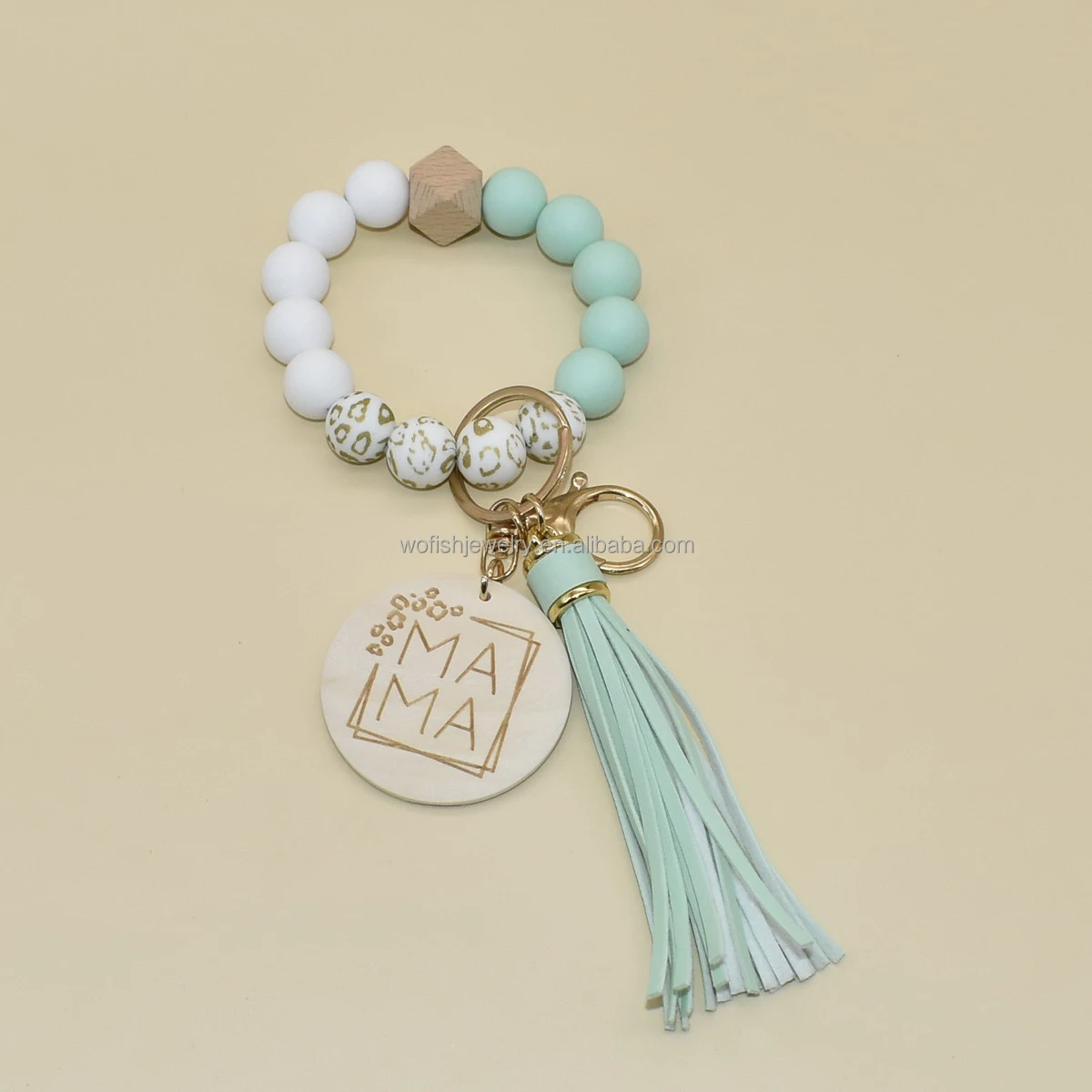 

Wofish New Silicone Leopards Beads Mint Colors Tassel With Engraved MAMA wooden Disc Keychain wristlet bracelet for mom gifts