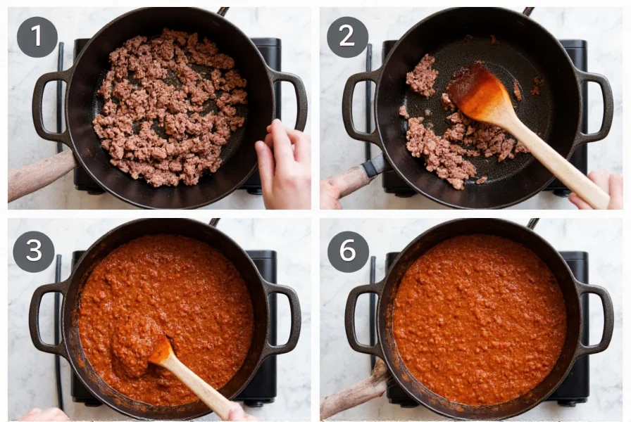 Step-by-step preparation of authentic chili con carne with ground beef browning in cast iron pot
