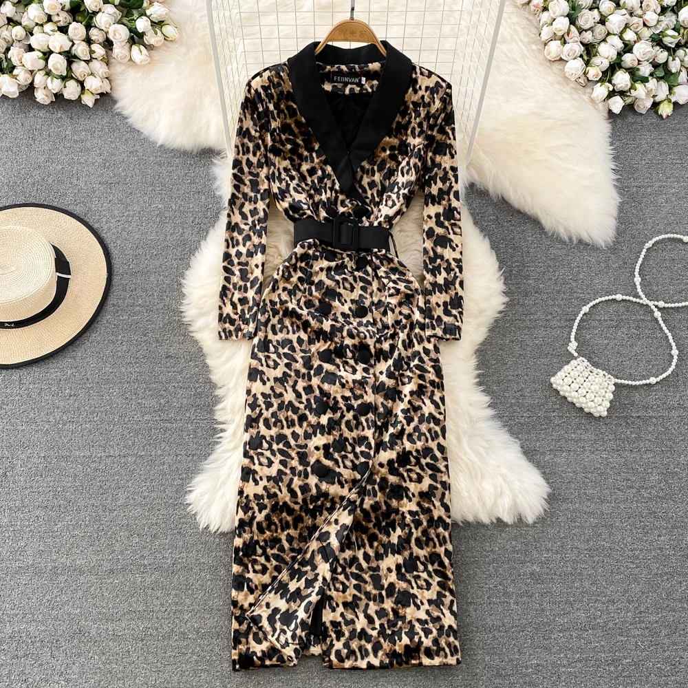 

Autumn Winter Senior V-Neck Waisted Open A-Line Leopard Print Gold Velvet Dress Female