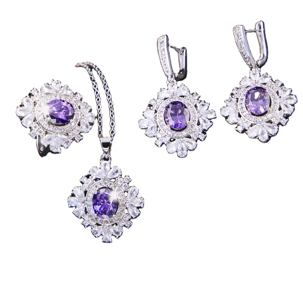 

Jewelry Set Stud Sterling Silver Original Feather With White Gold Ring Women Cute Fashion Gift, Amethyst