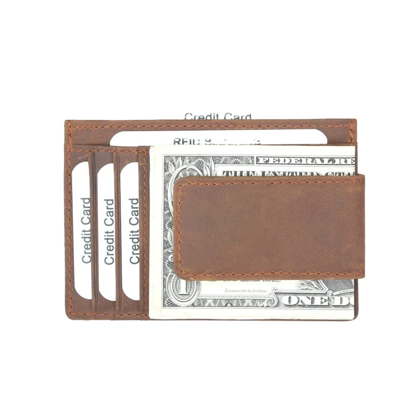 

Minimalist Crazy Horse Genuine Leather Magnetic Money Clip Wallets RFID Slim Credit Card Holder Wallet for Men