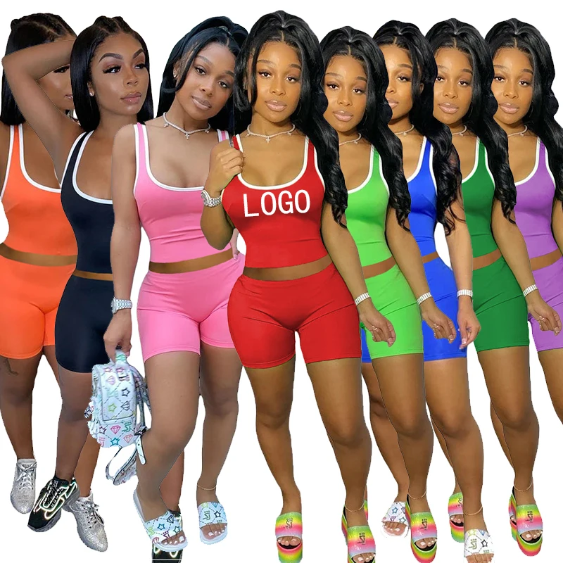 

2021 new summer candy color tank top 2 piece biker shorts set