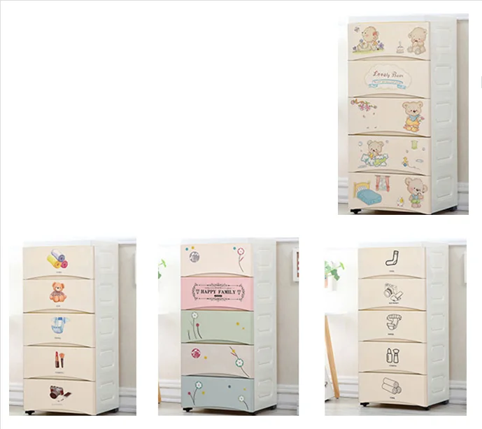 

Cute cartoon DIY sticker style clothes storage drawers 5 Tier plastic storage drawer for baby sundries store, White