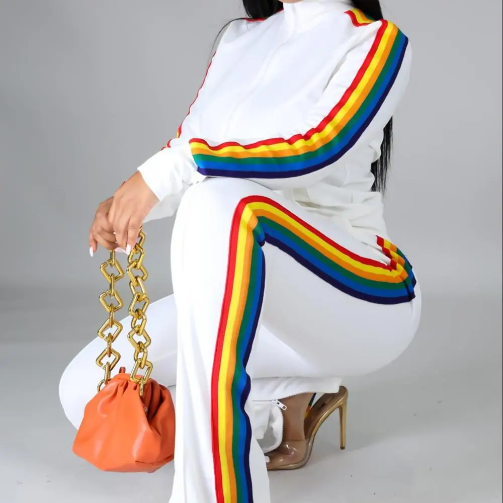 

Top Level Zip Up Sport Top and Elastic Waist Autumn Pant Sweat Suit with Side Multi Color Stripe, 2 colors