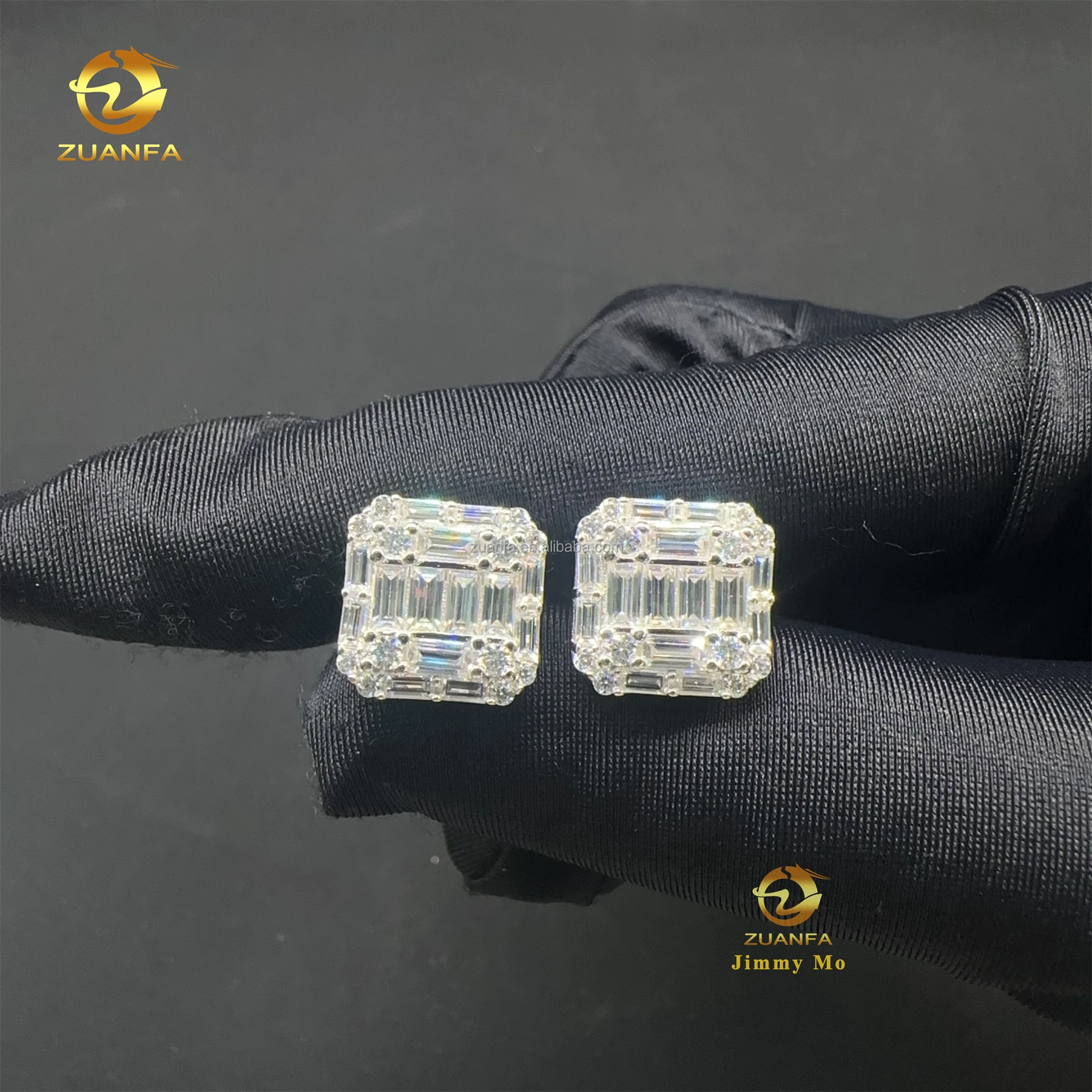 Best Selling Stock Iced Out Man Stud Earrings Baguette Moissanite Diamond Screw Back Setting Hip Hop Stud Earring 925 Silver