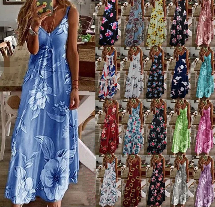 

In Stock Summer sundress dress plus size printed holiday elegant fitted floral bohemian sling long skirt women, 14 color