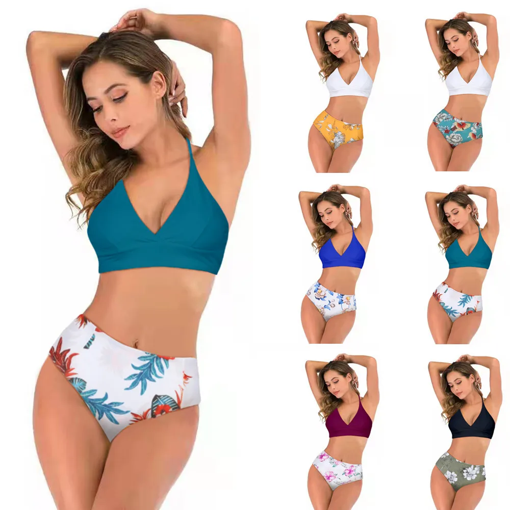 

Summer Two Piece Suit for Woman Solid Color Top Print Thong Set Sexy High Waist Swimsuit Strap Beachwear