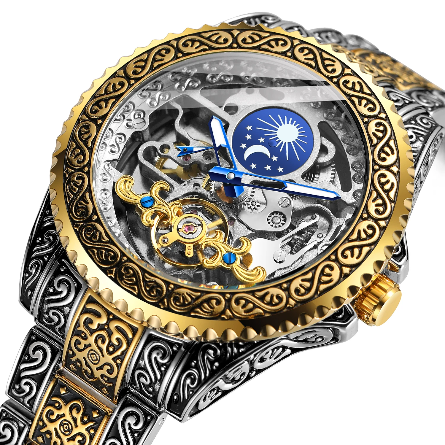 

Top Brand Forsining Skeleton Watch Men's Luxury Tourbillon Watch Mechanical Wristwatches Engraved Vintage Moon Phase Steel Watch