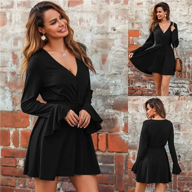 

New Women's V-neck Dress With Flared Sleeves Solid Color Dress, Picture color