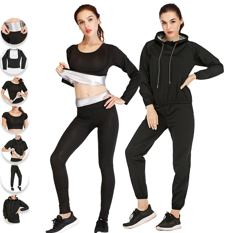 

Wholesale High Quality Body Fitness Speed Up Weight Loss Silver Film Sauna Sweat Suit for Women, Black
