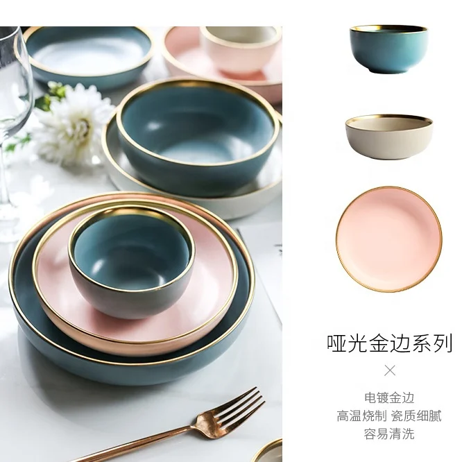 

French dinnerware ceramic plates with gold rim matte polishing ceramic plates bowls spoons, Pink/blue/white