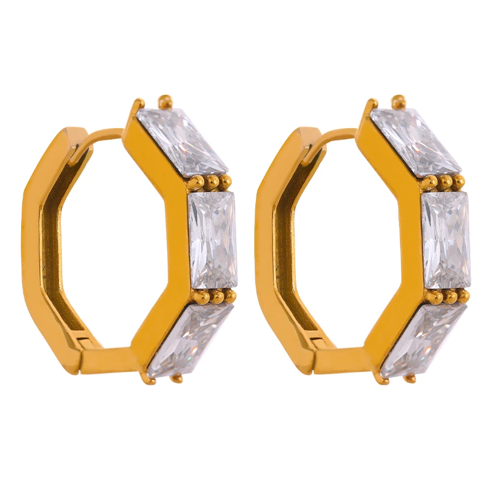 

JINYOU 093 Stainless Steel Hexagonal Geometric Huggie Earring Green White Cubic Zirconia 18k Gold Stylish Jewelry Women