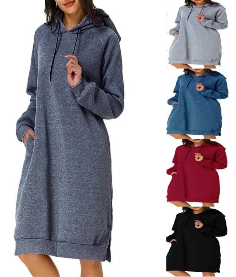 

New European and American autumn plain pullover long sweatshirts oversized loose casual midi hooded hoodie dresses for women