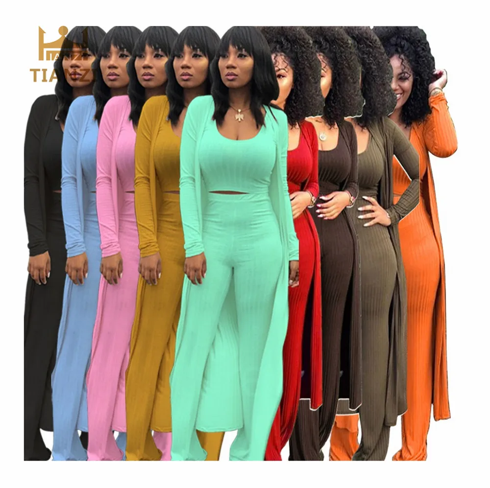 

2021 popular M5836 women casual solid pants and crop top and cover up 3 piece outfit clothing set