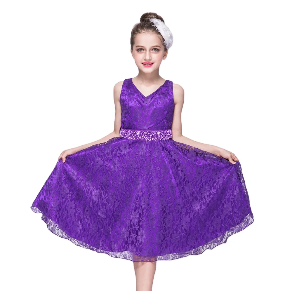 

Children's elegant knee-length lace big girl dresses for prom child purple V-neck party dress for girls 3-12 years old